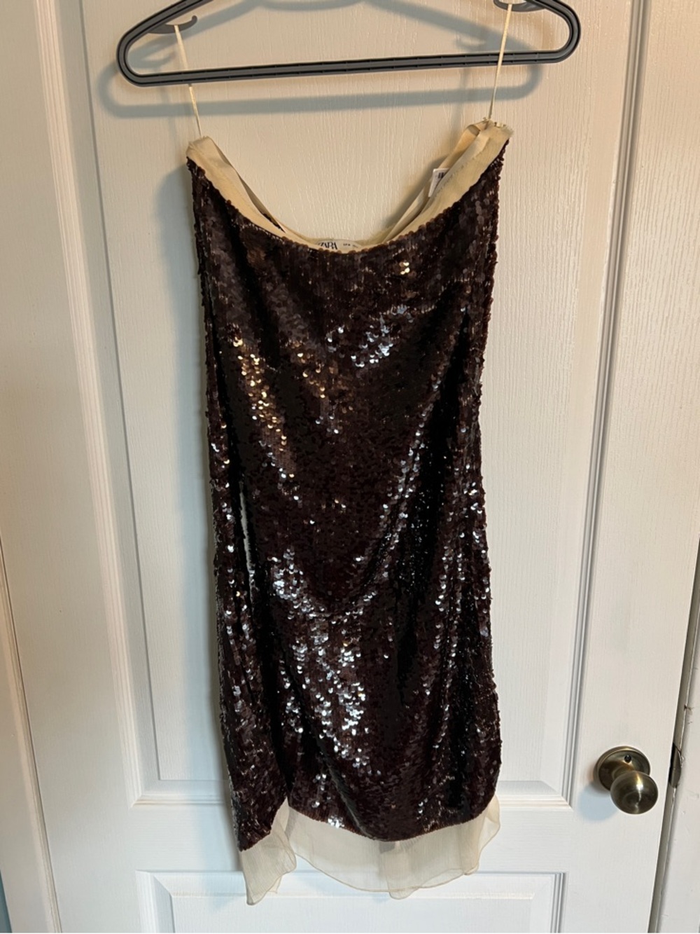 Zara Sequin Slip Dress in Dark Brown with Ivory Trim
